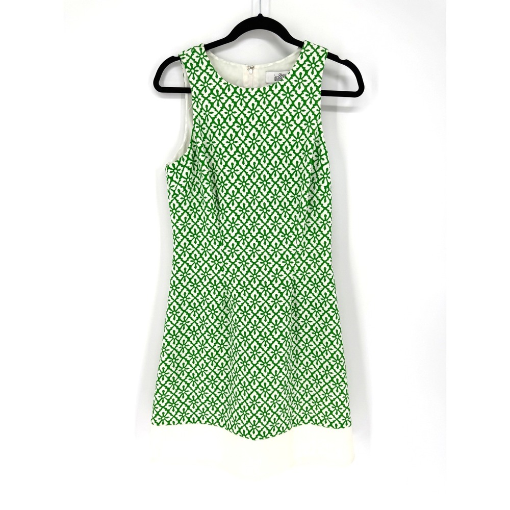 Badgley Mischka Belle Dress Geometric Floral 10 Green White Sheath Preppy Retro